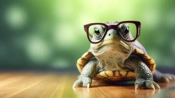 une mignonne peu vert tortue avec lunettes, produire ai photo