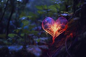 embrasé bioluminescent plante en forme de comme une Humain cœur, dans une mystérieux forêt. génératif ai photo