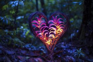 embrasé bioluminescent plante en forme de comme une Humain cœur, dans une mystérieux forêt. génératif ai photo