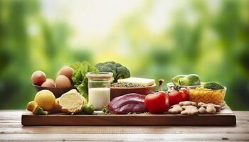 fermer de légumes, des fruits, et Viande sur en bois table plus de vert Naturel Contexte. génératif ai photo