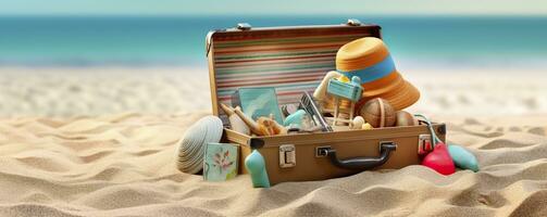 plage préparation, accessoires dans valise sur sable. génératif ai photo