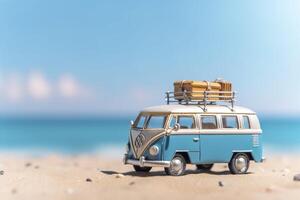 été voyage, bleu voiture van avec bagage pour été vacances, plage mer voir, vacances, ai génératif photo