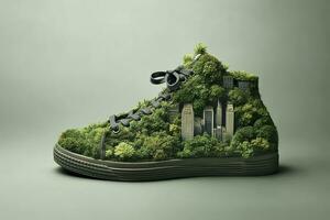 une photo a été pris chaussure avec verdure et ville , carbone empreinte concept. ai génératif