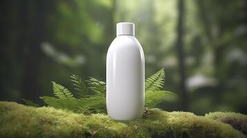 Naturel cosmétique produit présentation coulisses. en plein air forêt placement. blanc Vide pot shampooing bouteille. 3d. ai génératif photo