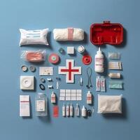 premier aide trousse Haut vue sur une bleu Contexte. pilules, plâtre, thermomètre, bandage, sont posé en dehors proche, 3d rendre, ai génératif photo