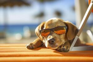 chien chiot portant des lunettes de soleil, mensonge sur une transat à bain de soleil à le plage mer sur été vacances, vacances. marrant concept. ai génératif photo