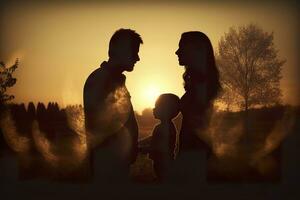 ombre de content famille ensemble, Parents avec leur peu bébé à le coucher du soleil. une silhouette de l'amour et unité. ai génératif photo