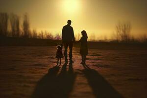 ombre de content famille ensemble, Parents avec leur peu bébé à le coucher du soleil. une silhouette de l'amour et unité. ai génératif photo