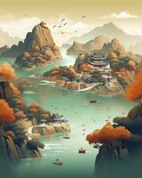 chinois paysage carte distante montagnes plat illustration. génératif ai photo