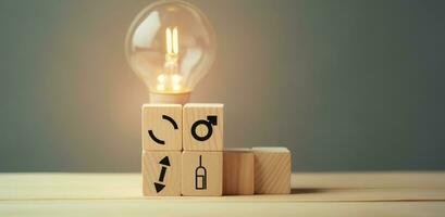 Créatif idée, Solution et innovation concept. idée génération pour affaires développement. en bois cube blocs avec lumière ampoule et cycle Icônes sur nettoyer Contexte et copie espace. ai génératif photo