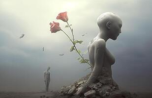 la vie et liberté et espérer concept , imagination de surréaliste scène fleur avec cassé Humain sculpture, numérique ouvrages d'art illustration. ai génératif photo