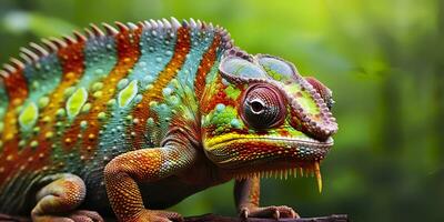 une coloré proche en haut caméléon avec une haute crête sur ses diriger. génératif ai photo