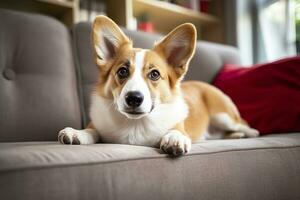 beau, intelligent, calme de race corgi chien mensonge sur sur canapé dans vivant chambre. génératif ai photo