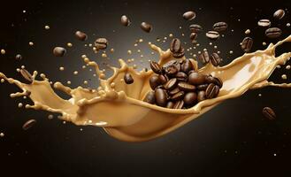 chaud liquide café éclaboussure avec café haricot chute, 3d illustration. ai généré photo