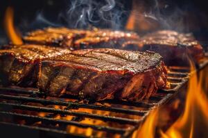 Viande grillage sur une charbon gril avec fumée en hausse. ai généré photo