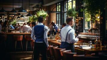 une restaurant scène avec une flou Contexte. dans le premier plan, là sont gens en mangeant et chefs et serveurs fonctionnement. photo