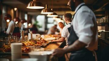 une restaurant scène avec une flou Contexte. dans le premier plan, là sont gens en mangeant et chefs et serveurs fonctionnement. photo