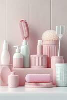 pastel soin de la peau des produits arrangé dans une blanc salle de bains. barbiecore brillant palette maquillage bannière. ai génératif photo
