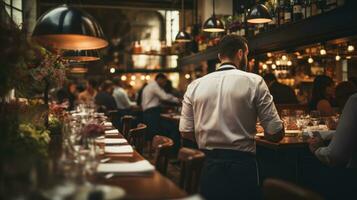 une restaurant scène avec une flou Contexte. dans le premier plan, là sont gens en mangeant et chefs et serveurs fonctionnement. photo