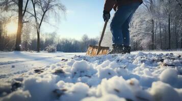 une la personne en utilisant une neige pelle à clair neige photo