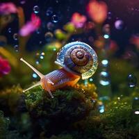 iridescent escargot dans une Fée forêt, proche en haut de une chatoyant coquille. ai génératif photo