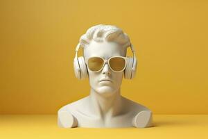 minimal scène de des lunettes de soleil et écouteurs sur Humain tête sculpture, la musique concept, 3d le rendu. ai génératif photo