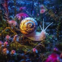 iridescent escargot dans une Fée forêt, proche en haut de une chatoyant coquille. ai génératif photo