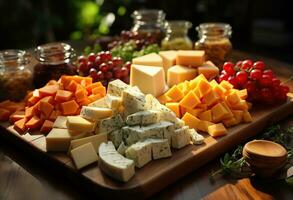 divers les types de fromage sur rustique en bois tableau. établi avec génératif ai photo