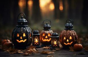 foncé intérieur de le maison décoré pour Halloween citrouilles. établi avec génératif ai photo