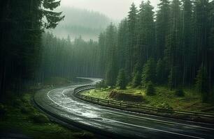 paysage avec vide route par les bois. Voyage. établi avec génératif ai photo