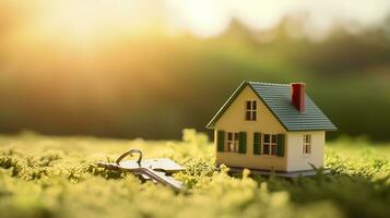 copie espace de maison. petit modèle Accueil sur vert herbe avec lumière du soleil. ai génératif photo