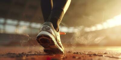 coureur pieds fonctionnement sur une stade, fermer sur pieds, des sports arrière-plan, espace pour copie, ai génératif photo