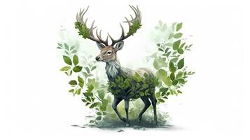 illustration de une cerf avec vert feuilles, blanc Contexte. ai génératif photo