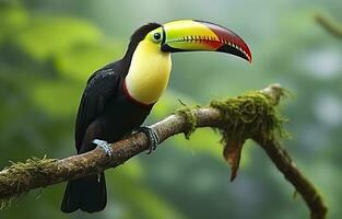 chataîgne mandibulé toucan séance sur le branche dans tropical pluie avec une vert jungle. génératif ai photo