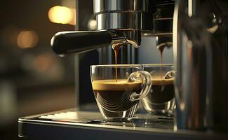 une professionnel café machine en train de préparer un Expresso café dans une verre tasse, ai génératif photo