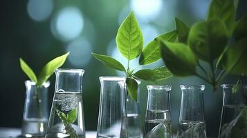 biotechnologie concept avec vert plante feuilles, laboratoire verrerie, et conduite recherche, illustrant le puissant combinaison de la nature et science dans médical avancées. ai génératif photo