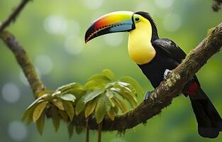 chataîgne mandibulé toucan séance sur le branche dans tropical pluie avec une vert jungle. génératif ai photo