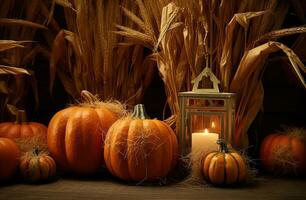 foncé intérieur de le maison décoré pour Halloween citrouilles. établi avec génératif ai photo