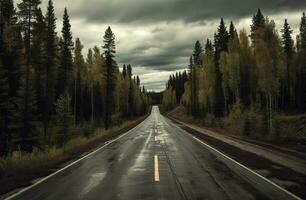 paysage avec vide route par les bois. Voyage. établi avec génératif ai photo