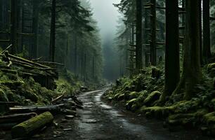 paysage avec vide route par les bois. Voyage. établi avec génératif ai photo