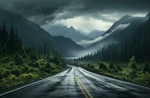 paysage avec vide route par les bois. Voyage. établi avec génératif ai photo