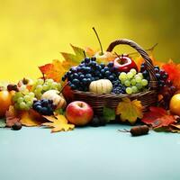 l'automne encore la vie avec panier de des fruits et des légumes sur en bois tableau. ai génératif photo