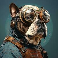 portrait de une français bouledogue dans d'aviateur casque. anthropomorphe animal. ai génératif photo