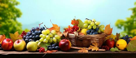 l'automne encore la vie avec panier de des fruits et des légumes sur en bois tableau. ai génératif photo