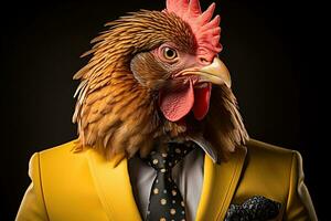 portrait de une coq dans une costume sur une foncé Contexte. anthropomorphe animal. ai génératif photo