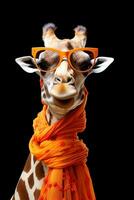 girafe portant des lunettes de soleil et Orange écharpe isolé sur gris Contexte. ai génératif photo