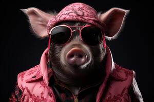 portrait de une marrant porc portant une chapeau et des lunettes de soleil sur une noir Contexte. ai génératif photo