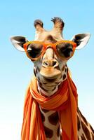 girafe portant des lunettes de soleil et Orange écharpe isolé sur gris Contexte. ai génératif photo