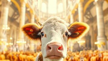 portrait de une vache dans une médiéval costume. anthropomorphe animal. ai génératif photo