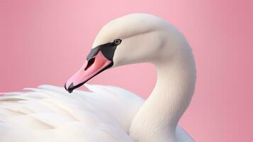 proche en haut de une muet cygne isolé sur une rose Contexte. ai génératif photo